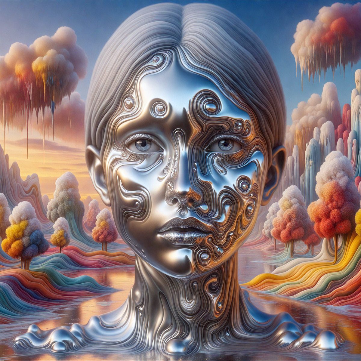 The primary subject of the image is a woman's face, which is the main focus of the image. The setting is a surreal, dreamlike environment, with a backdrop of trees and clouds. The visual style is digital art, as the woman's face is depicted in a metallic, silver-like manner. The colors and mood of the image are predominantly silver and blue, creating a sense of mystery and intrigue.